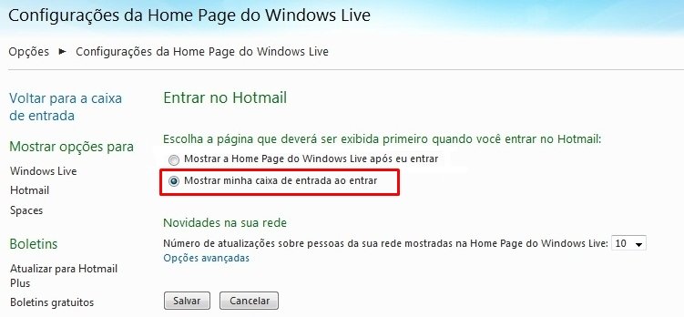 Direto para a caixa de entrada do Hotmail