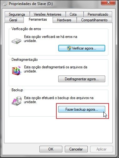 Opção para fazer backup