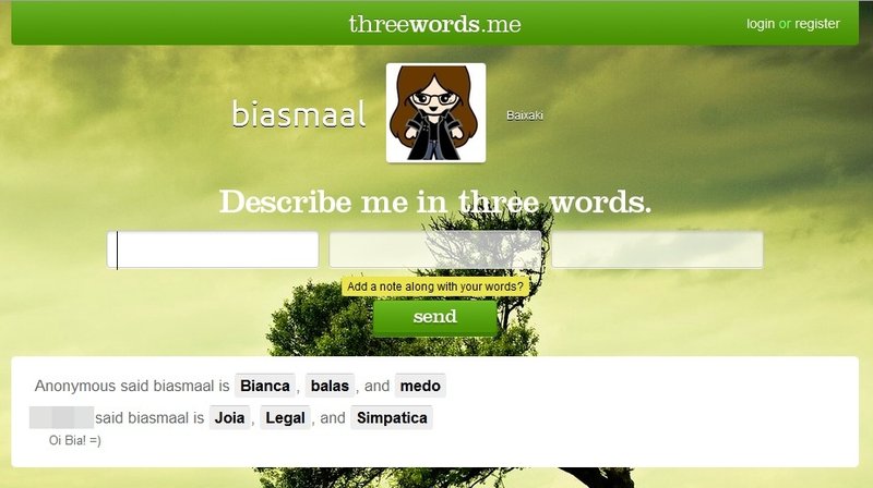 Página do Three Words para seus amigos comentarem sobre você