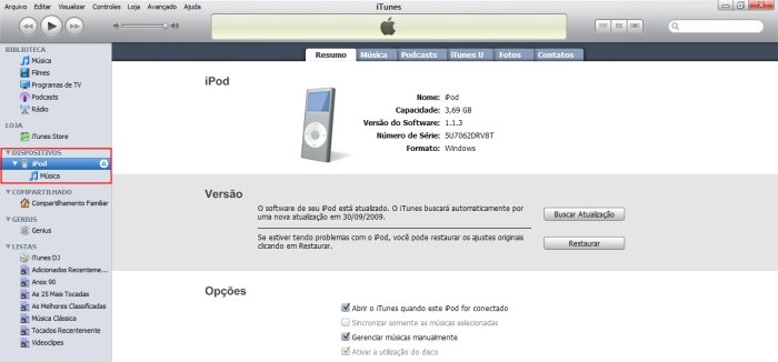 Acesse seu iPod para ativar o Modo de Disco.