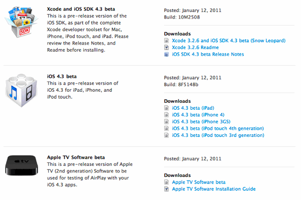 Download das versões beta do iOS 4.3 e do SDK correspondente