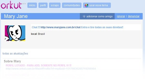 Perfil da Mary Jane no Orkut