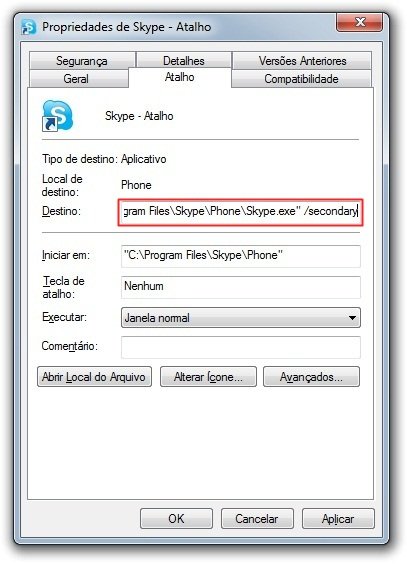 As propriedades do atalho com o endereço da instância secundária do Skype