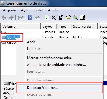 Com o botão direito do mouse, acesse o menu e escolha a opção para diminuir o disco.