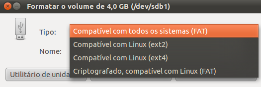 Para formatar no Linux, a possibilidade do FAT também aparece na lista