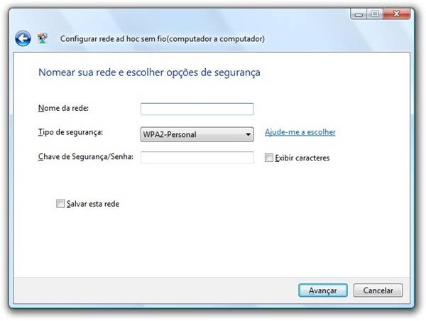 Escolha um nome de rede e uma senha