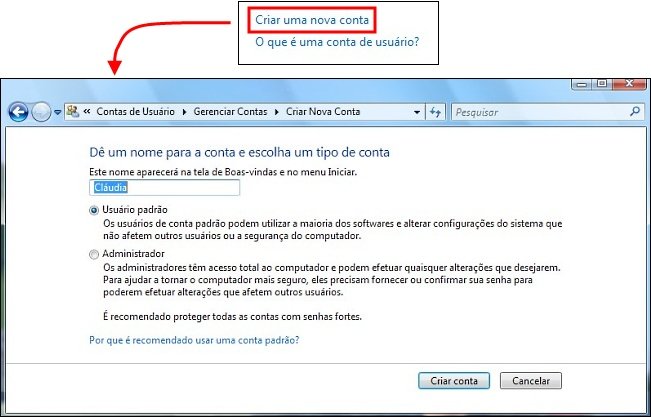 Crie uma Nova Conta para o Windows.