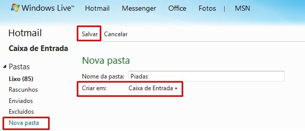 Criando pastas no Hotmail