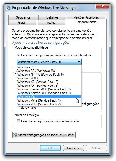 Selecione Windows Vista na janela Propriedades