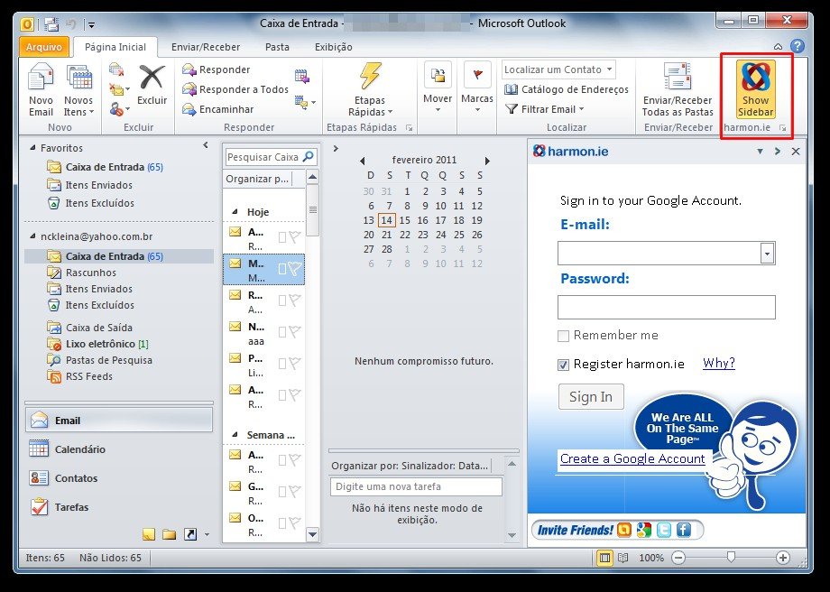 A tela inicial do Outlook com o ícone do harmon.ie.