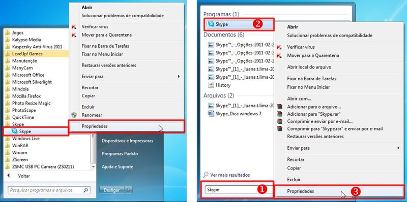 Duas formas de encontrar o Skype no Menu Iniciar
