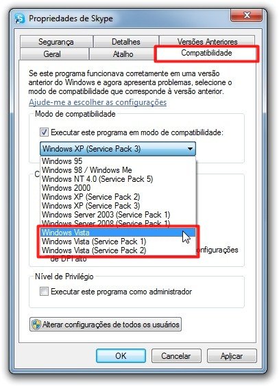 Em Compatibilidade, escolha Windows Vista