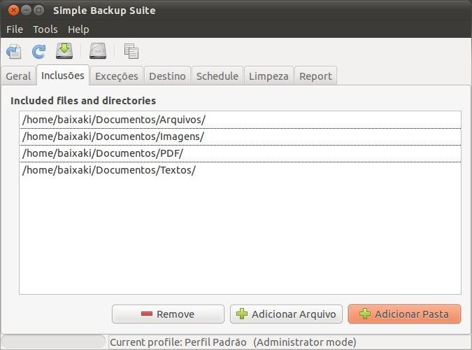 Inclua pastas e arquivos no backup