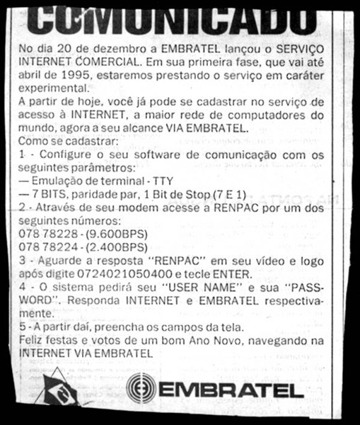 Anúncio da Embratel sobre a comercialização da Internet