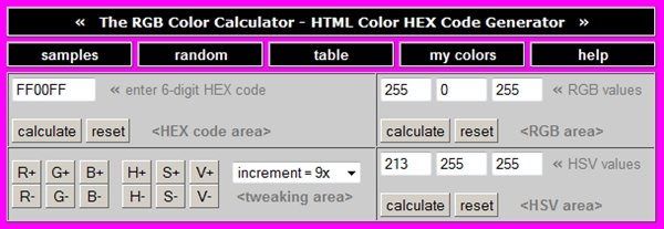 Calculadora online de cores no esquema RGB