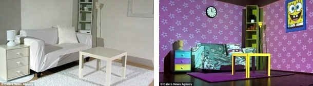Visual do quarto antes (à esquerda) e depois