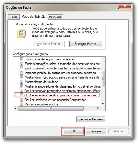 Desmarcando ocultar extensões