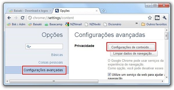 Opções avançadas