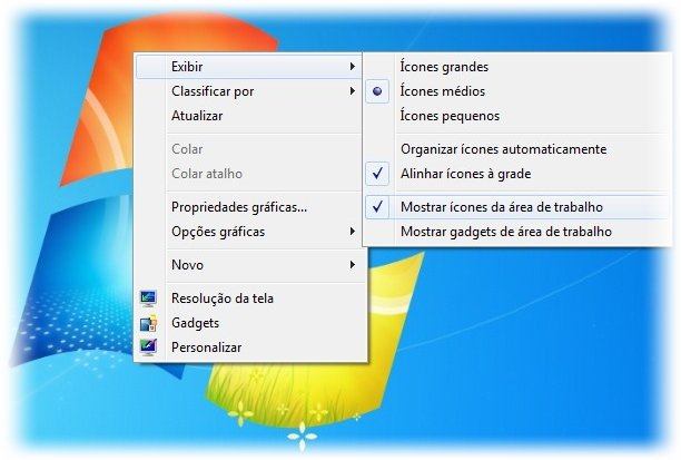 Explore o menu de contexto para organizar ícones ou limpar a Área de trabalho.