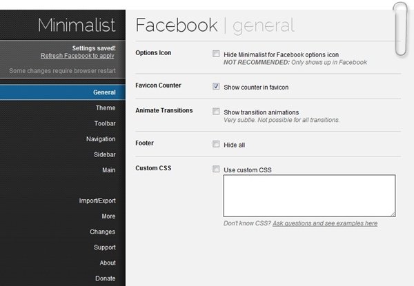 Tela de configurações da extensão