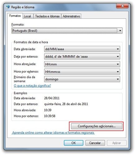 configurações regionais
