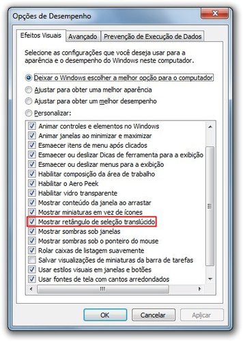 Ative a opção “Mostrar retângulo de seleção translúcido”